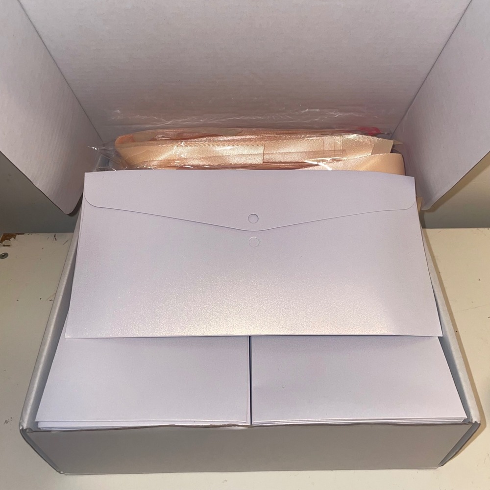 100 Shimmer White Pearlescent Invitation Envelopes with Ribbon Set for Weddings